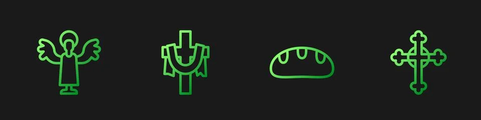 Set line Bread loaf, Angel, Christian cross and . Gradient color icons. Vecto Stock Illustration