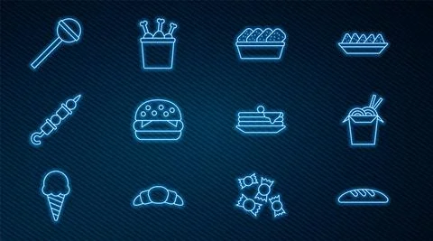 Set line Bread loaf, Asian noodles and chopsticks, Chicken nuggets in box Illustrazione stock