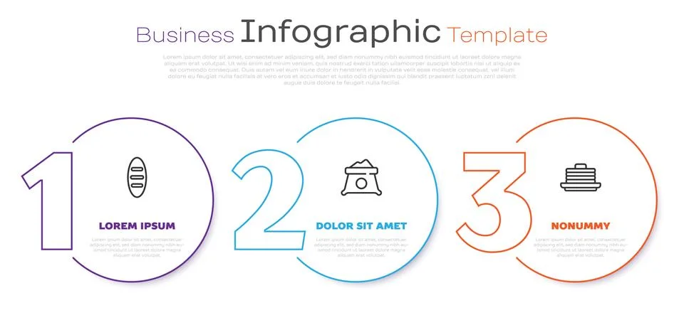 Set line Bread loaf, Bag of flour and Stack pancakes. Business infographic Illustrazione stock