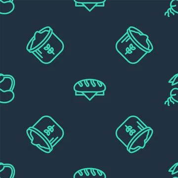 Set line Bread loaf, Bag of flour and Sprout on seamless pattern. Vector 스톡 일러스트