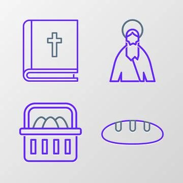 Set line Bread loaf, Basket with easter eggs, Jesus Christ and Holy bible b.. Stock Illustration
