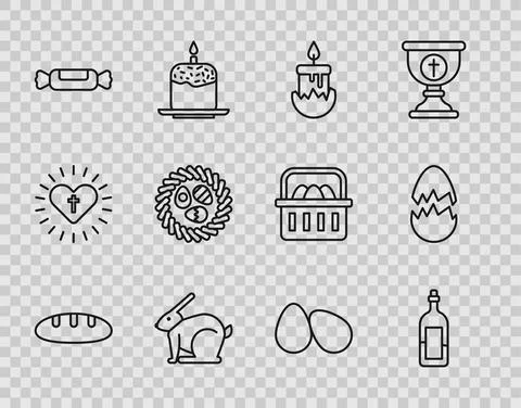 Set line Bread loaf, Bottle of wine, Burning candle, Easter rabbit, Candy, egg Stock Illustration