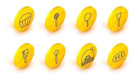 Set line Bread loaf, Brick stove, Pizza knife, Kitchen brush, Spatula, Frying Stock Illustration