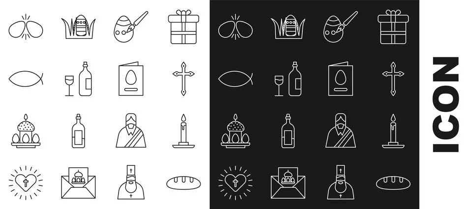 Set line Bread loaf, Burning candle in candlestick, Christian cross, Easter e Stock Illustration