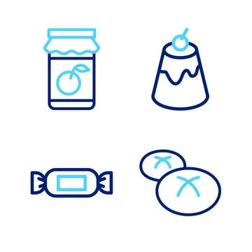 Set line Bread loaf, Candy, Pudding custard and Jam jar icon. Vector Illustrazione stock