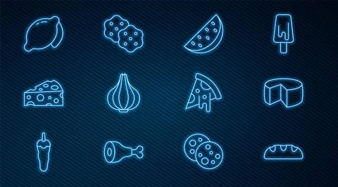 Set line Bread loaf, Cheese, Watermelon, Garlic, Lemon, Slice of pizza and イラスト素材