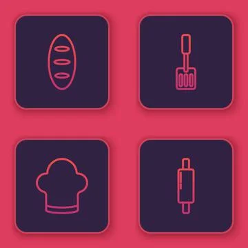 Set line Bread loaf, Chef hat, Spatula and Rolling pin. Blue square button Illustrazione stock