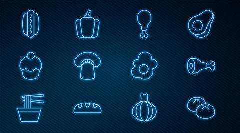 Set line Bread loaf, Chicken leg, Mushroom, Muffin, Hotdog, Scrambled egg and Stock Illustration