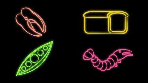 Set line Bread loaf, Christian fish, Easter egg and Broken egg. Glowing neon  Stock Illustration