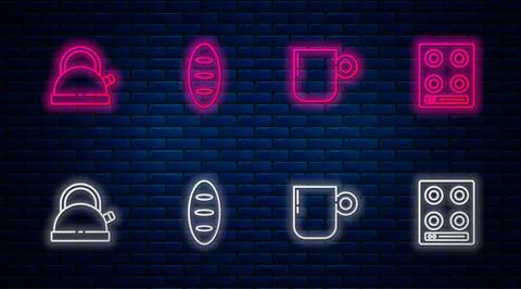 Set line Bread loaf, Coffee cup, Kettle with handle and Gas stove. Glowing neon Illustration