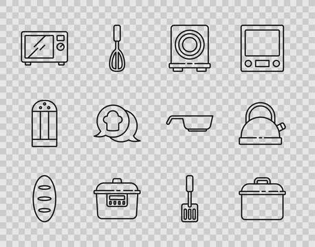 Set line Bread loaf, Cooking pot, Electric stove, Slow cooker, Microwave ov.. Stock-Illustration