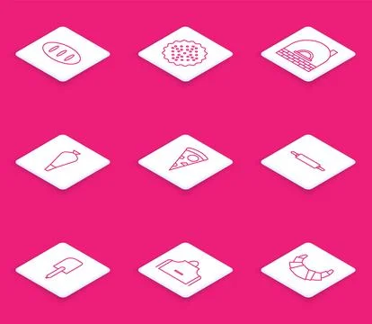 Set line Bread loaf, Cracker biscuit, Brick stove, Pastry bag for decorate cakes Stock Illustration