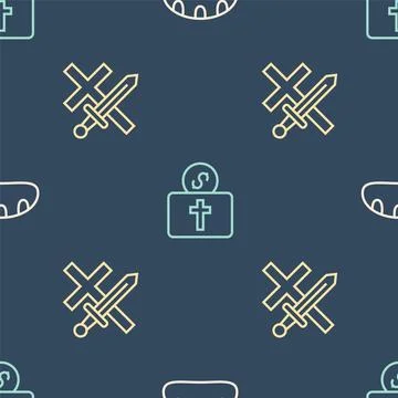 Set line Bread loaf, Crusade and Donation for church on seamless pattern. Vector 스톡 일러스트