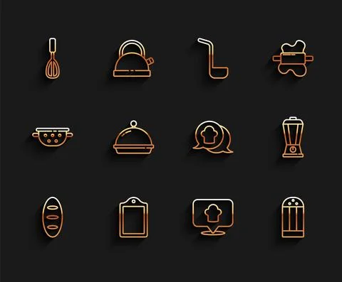 Set line Bread loaf, Cutting board, Kitchen whisk, Chef hat with location, Salt Stock Illustration