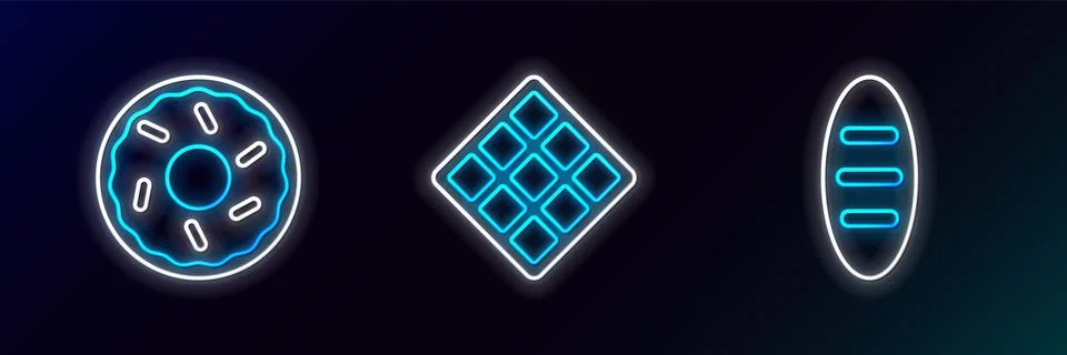 Set line Bread loaf, Donut and Waffle icon. Glowing neon. Vector Stock Illustration