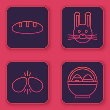 Set line Bread loaf, Easter eggs, Easter rabbit and Basket with easter eggs Stock Illustration