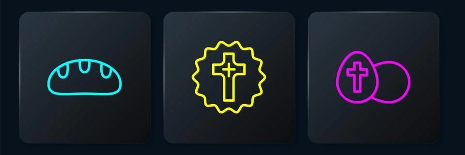 Set line Bread loaf, Easter egg and Christian cross. Black square button. Vector Illustrazione stock