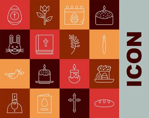 Set line Bread loaf, Easter cake and eggs, Paint brush, Calendar with, Holy Stock Illustration