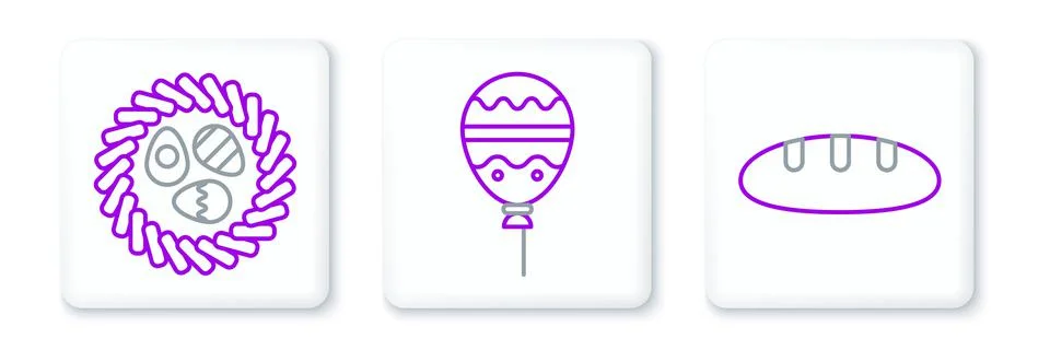 Set line Bread loaf, Easter egg in wicker nest and Balloons with ribbon icon. Stock Illustration