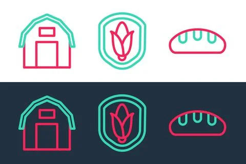 Set line Bread loaf, Farm house and Shield corn icon. Vector Ilustración de archivo