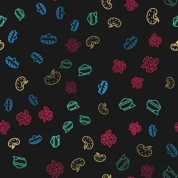 Set line Bread loaf, Flour bowl, Seed and on seamless pattern. Vector Stock Illustration