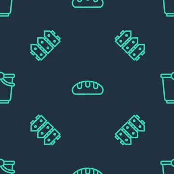 Set line Bread loaf, Garden fence wooden and Bucket on seamless pattern. Vector Stock Illustration