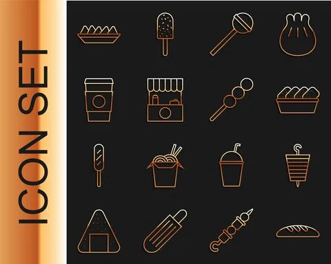 Set line Bread loaf, Grilled shish kebab, Chicken nuggets in box, Lollipop Stock Illustration