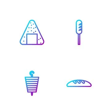Set line Bread loaf, Grilled shish kebab, Onigiri and Fried sausage. Gradient Stock Illustration