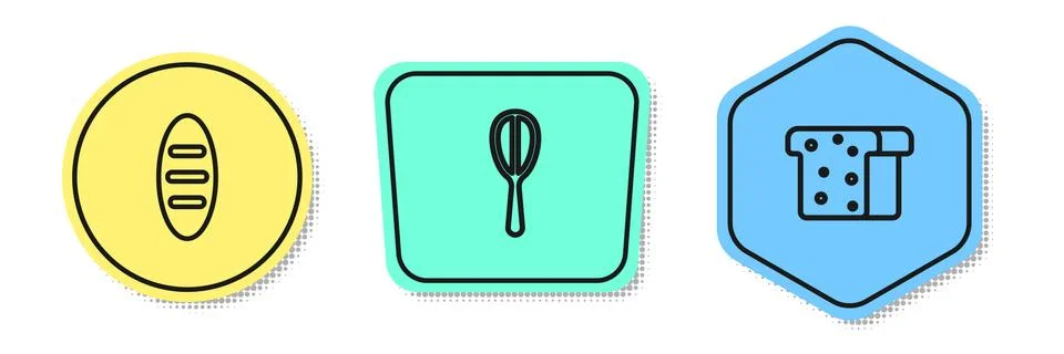Set line Bread loaf, Kitchen whisk and toast. Colored shapes. Vector 스톡 일러스트