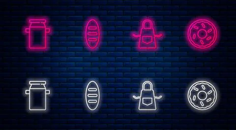 Set line Bread loaf, Kitchen apron, Can container for milk and Donut. Glowing Stock Illustration