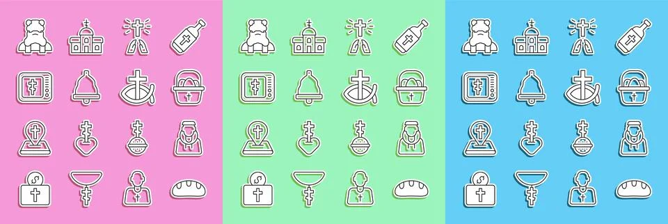Set line Bread loaf, Monk, Basket with easter eggs, Hands in praying position Stock Illustration