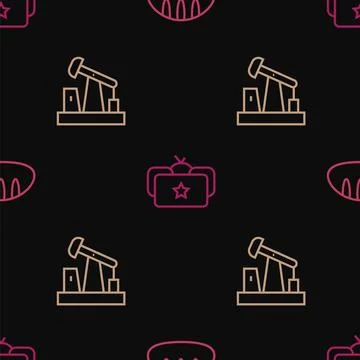 Set line Bread loaf, Oil pump or pump jack and Ushanka on seamless pattern Stock Illustration