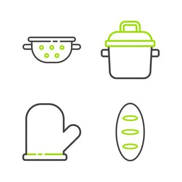 Set line Bread loaf, Oven glove, Cooking pot and Kitchen colander icon. Vecto Stock Illustration
