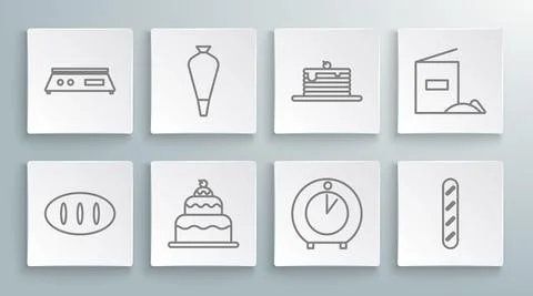 Set line Bread loaf, Pastry bag for decorate cakes, Cake, Kitchen timer, French Stock Illustration