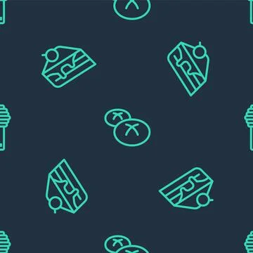 Set line Bread loaf, Piece of cake and Honey dipper stick on seamless pattern 스톡 일러스트