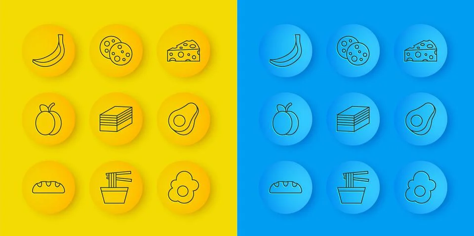 Set line Bread loaf, Plum fruit, Piece of cake, Scrambled egg, Avocado, Banana Stock Illustration
