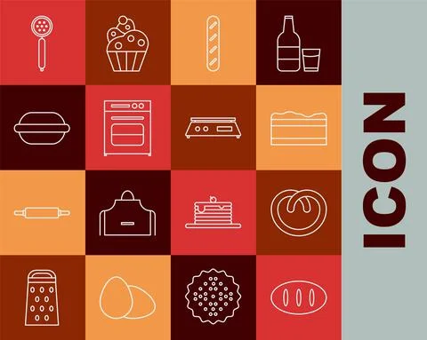 Set line Bread loaf, Pretzel, Brownie chocolate cake, French baguette bread 스톡 일러스트