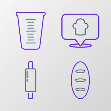 Set line Bread loaf, Rolling pin, Chef hat with location and Measuring cup icon Stockillustratie