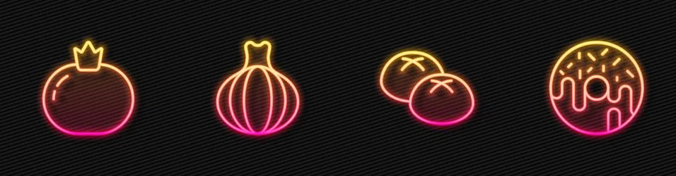 Set line Bread loaf, Tomato, Onion and Donut. Glowing neon icon. Vector Stock Illustration