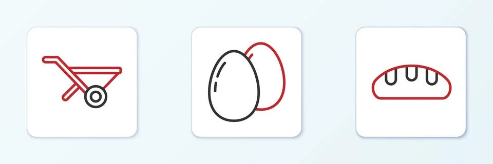 Set line Bread loaf, Wheelbarrow and Chicken egg icon. Vector 스톡 일러스트