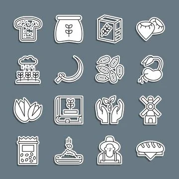 Set line Bread loaf, Windmill, Sprout, Flour pack, Sickle, Plant sprouts grow Stock Illustration