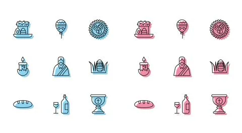 Set line Bread loaf, Wine bottle with glass, Easter cake and eggs, Christian Stock Illustration