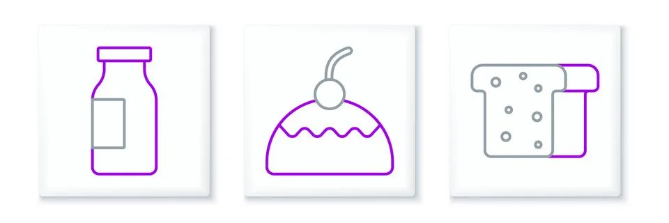 Set line Bread toast, Bottle with milk and Cake icon. Vector イラスト素材
