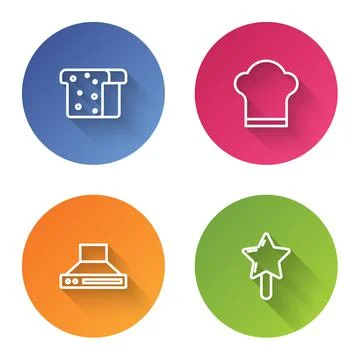 Set line Bread toast, Chef hat, Kitchen extractor fan and Lollipop. Color circle Stockillustratie