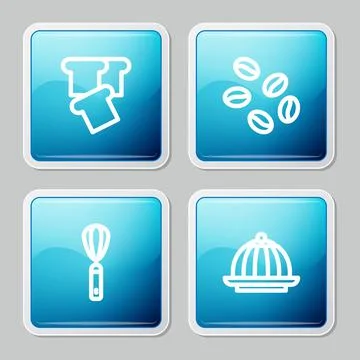 Set line Bread toast, Coffee beans, Kitchen whisk and Pudding custard icon Stock Illustration