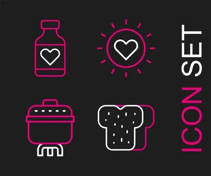 Set line Bread toast, Cooking pot, Sun and Vitamin pill icon. Vector Stock Illustration
