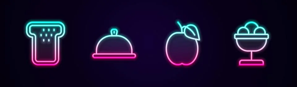 Set line Bread toast, Covered with tray of food, Plum fruit and Ice cream in the Stock Illustration