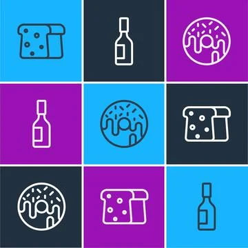 Set line Bread toast, Donut and Tabasco sauce icon. Vector イラスト素材