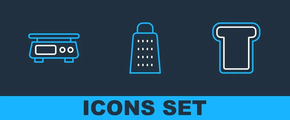 Set line Bread toast, Electronic scales and Grater icon. Vector イラスト素材
