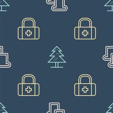 Set line Bread toast, First aid kit and Tree on seamless pattern. Vector Illustrazione stock